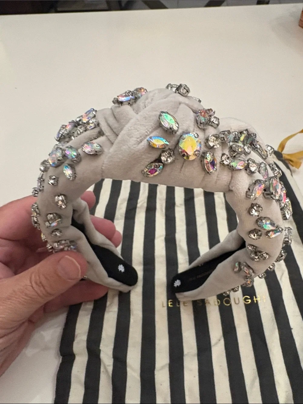 Lele Sadoughi Dove Grey / Silver Sand Crystal Knotted Velvet Headband.